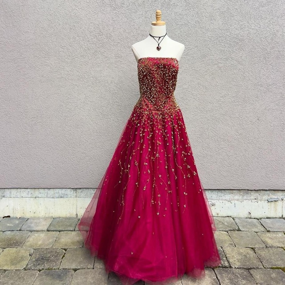 Vintage Y2K Alfred Angelo Burgundy Gold Beaded Prom Dress Size 18W Ball Gown